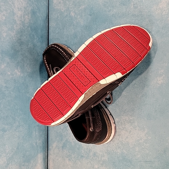 ❤Men's Sperry Top Siders, Black Leather w/ Tri-Color Soles & Memory Foam Insoles - Picture 8 of 13
